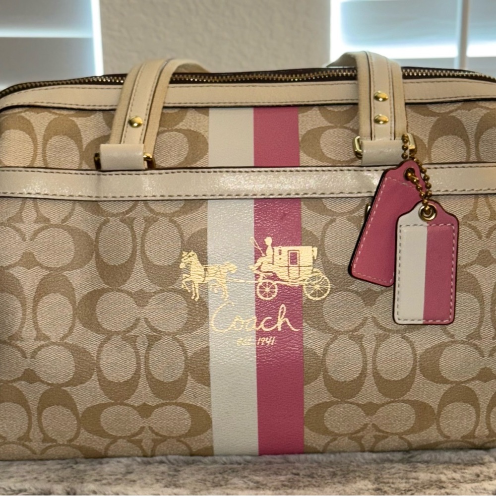Coach Beige and Pink Signature Satchel - Picture 2 of 14